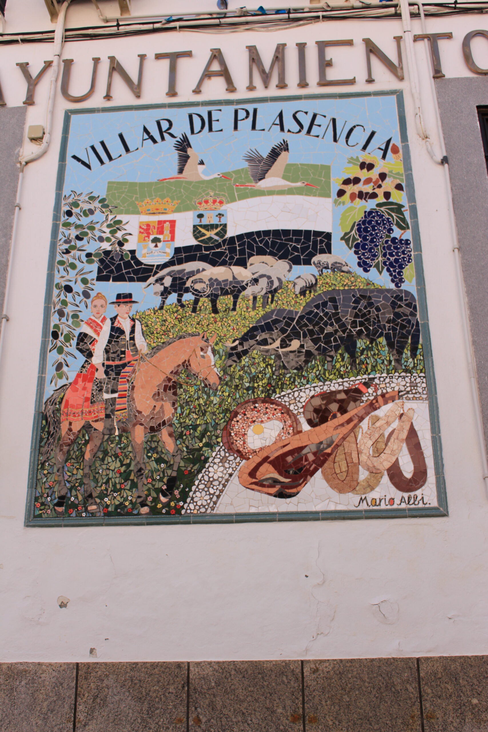 Representacion de lo que nos representa en Extremadura: bandera, toros, caballos, embutidos y ciguenas